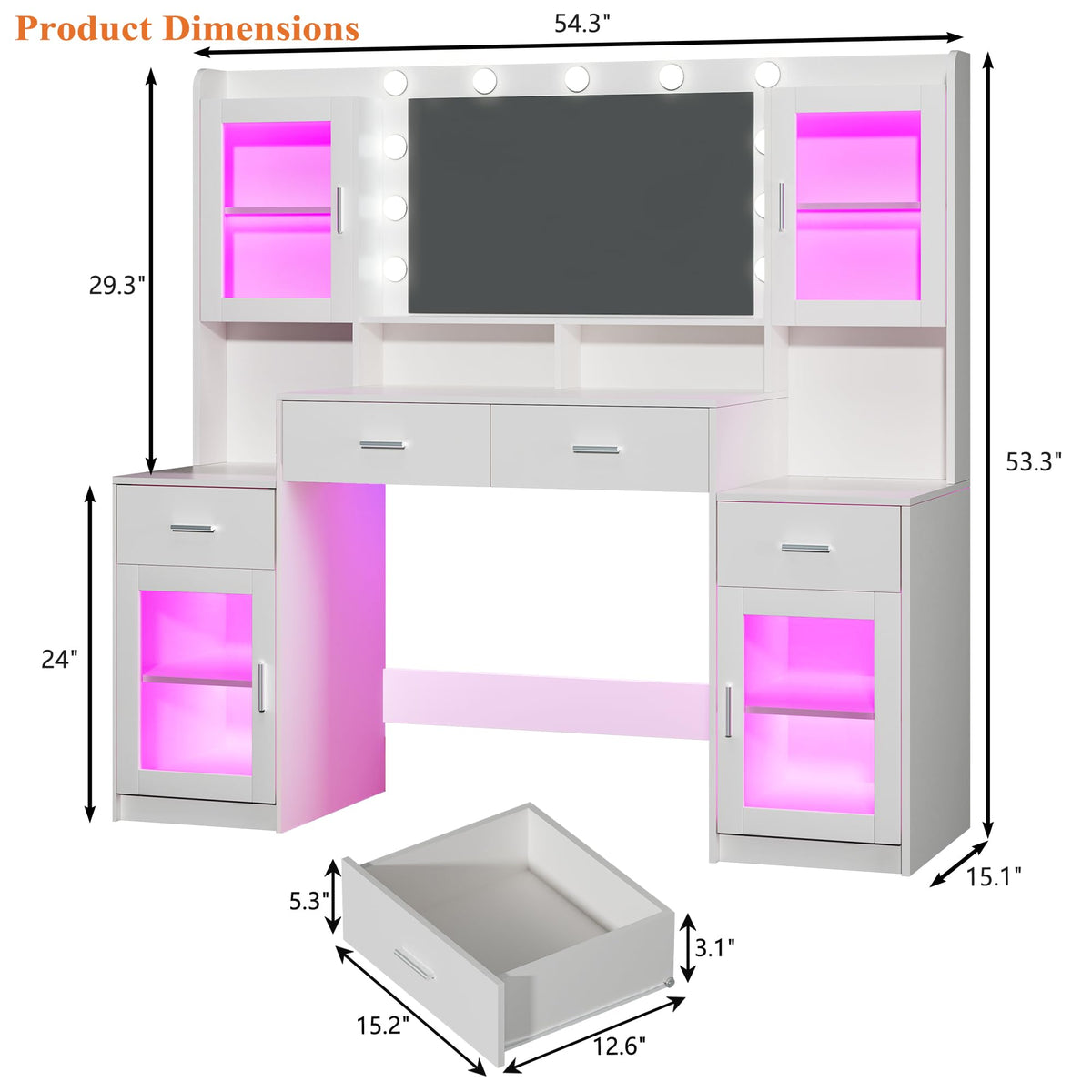 Large White Vanity Desk with Mirror and Lights U59009