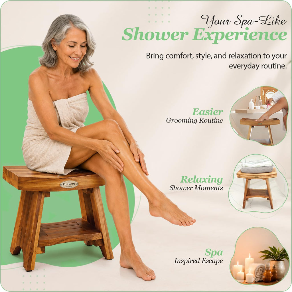 18" Solid Teak Shower Bench with Shelf Q332411
