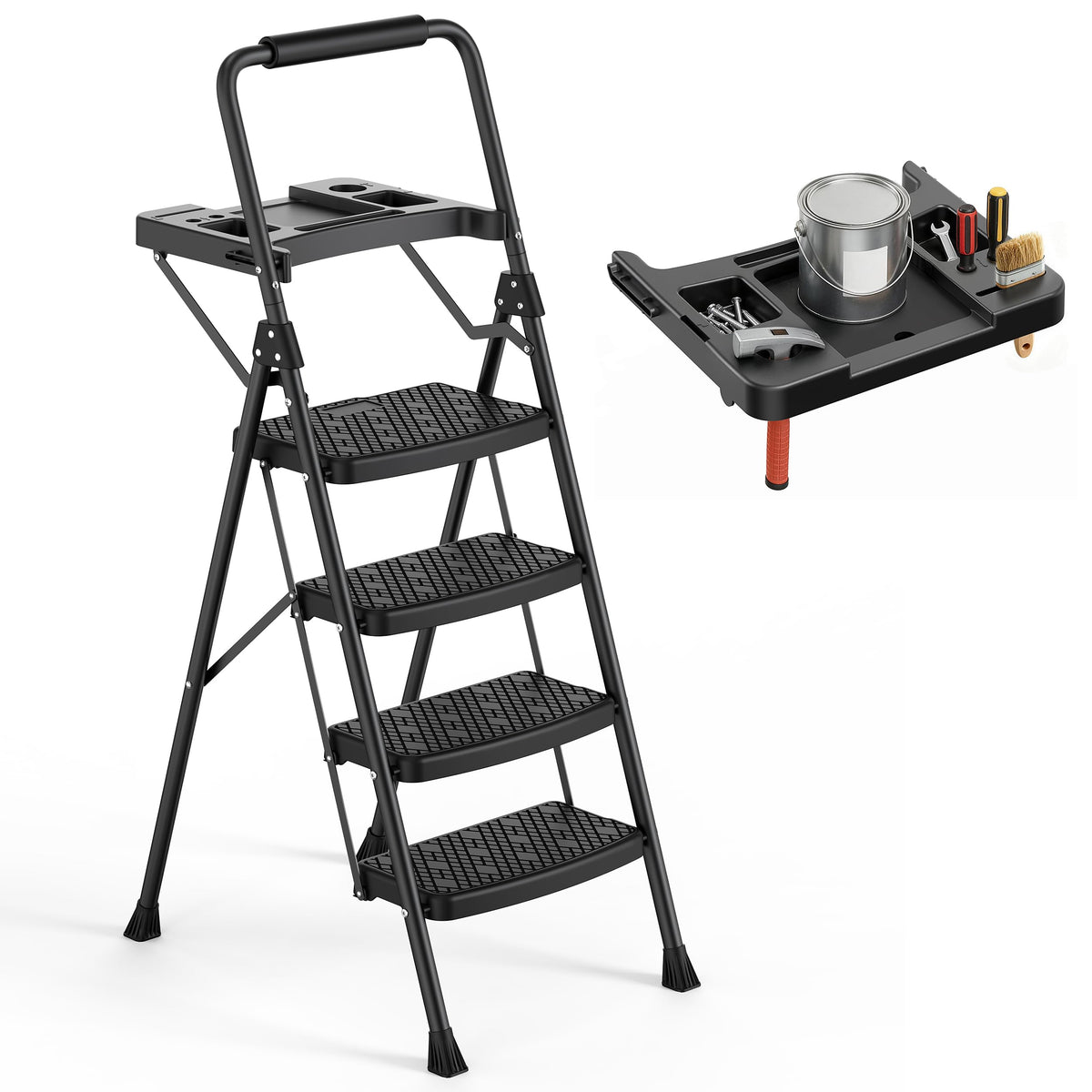 4 Step Steel Ladder with Tool Tray and Handrails U640913