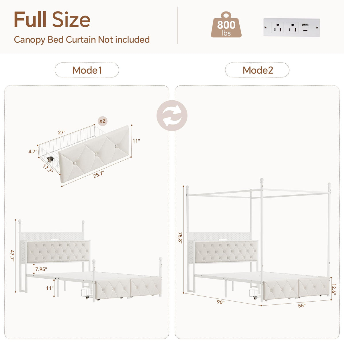 Full Size Canopy Bed Frame with Charging Station and LED Lights Z998103