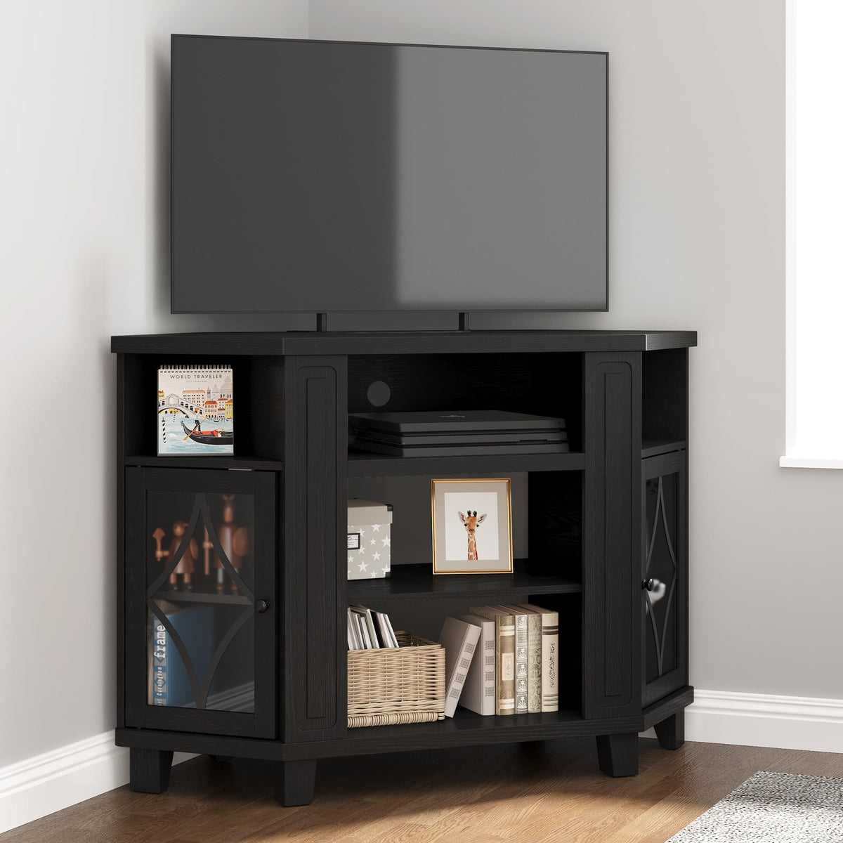 Corner TV Stand up to 55 Inch with Storage Wood Media Console Cabinet Satin Black M45598