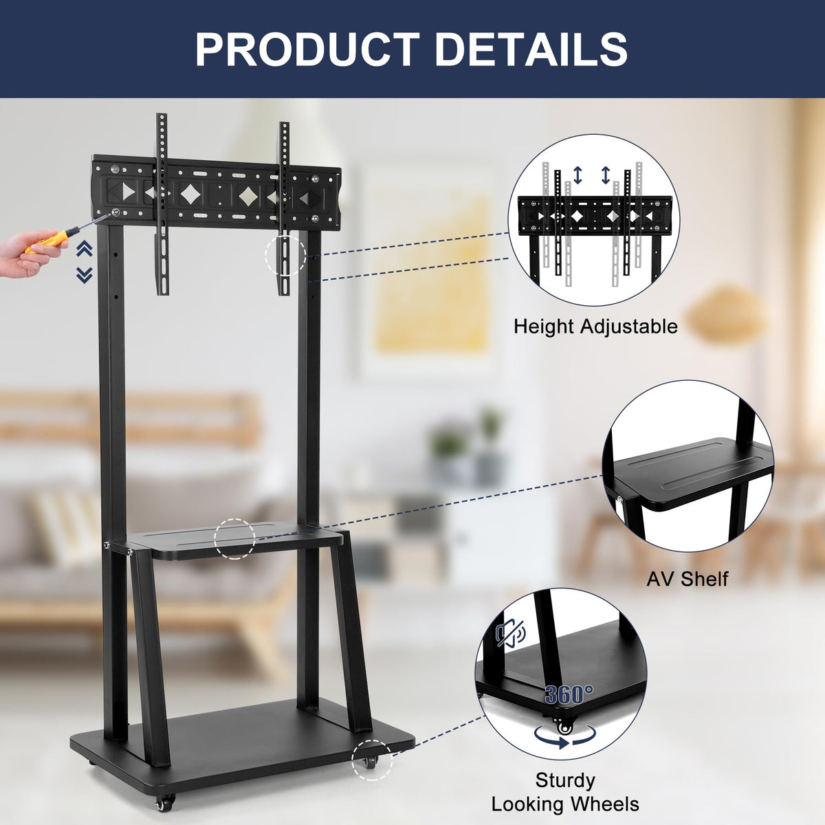 Rolling TV Stand with Wheels for 32-75 Inch Flat Panel Screens with Shelf S9689