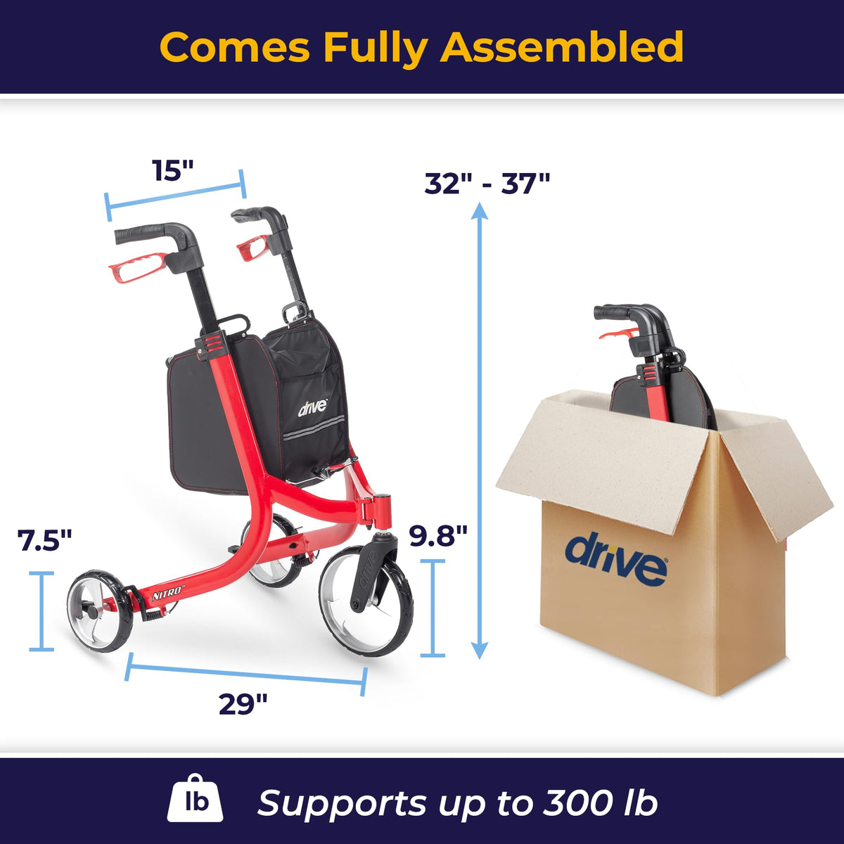 Red 3 Wheel Rollator Walker T5765