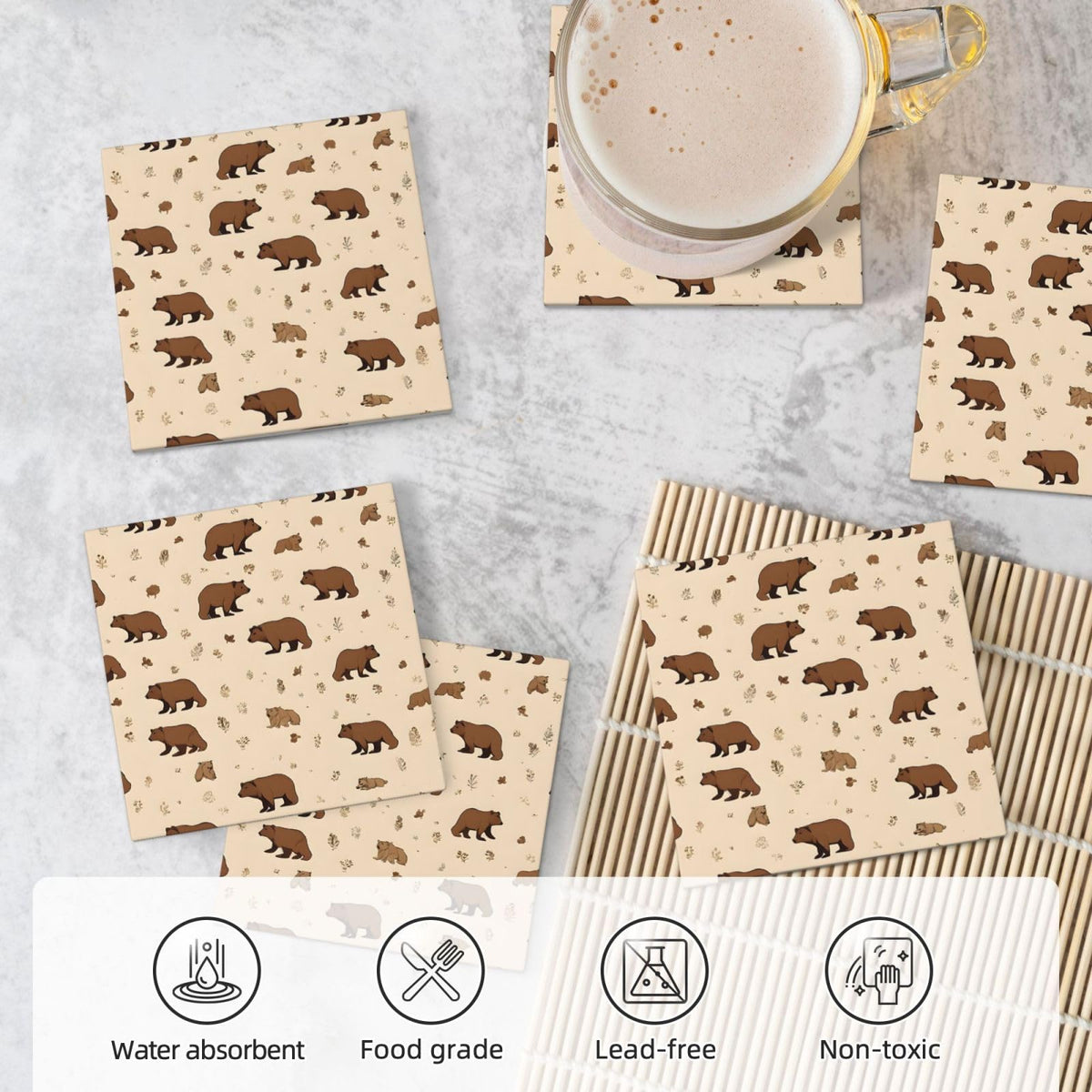 Square Cartoon Bear Ceramic Coasters Set of 6 R636