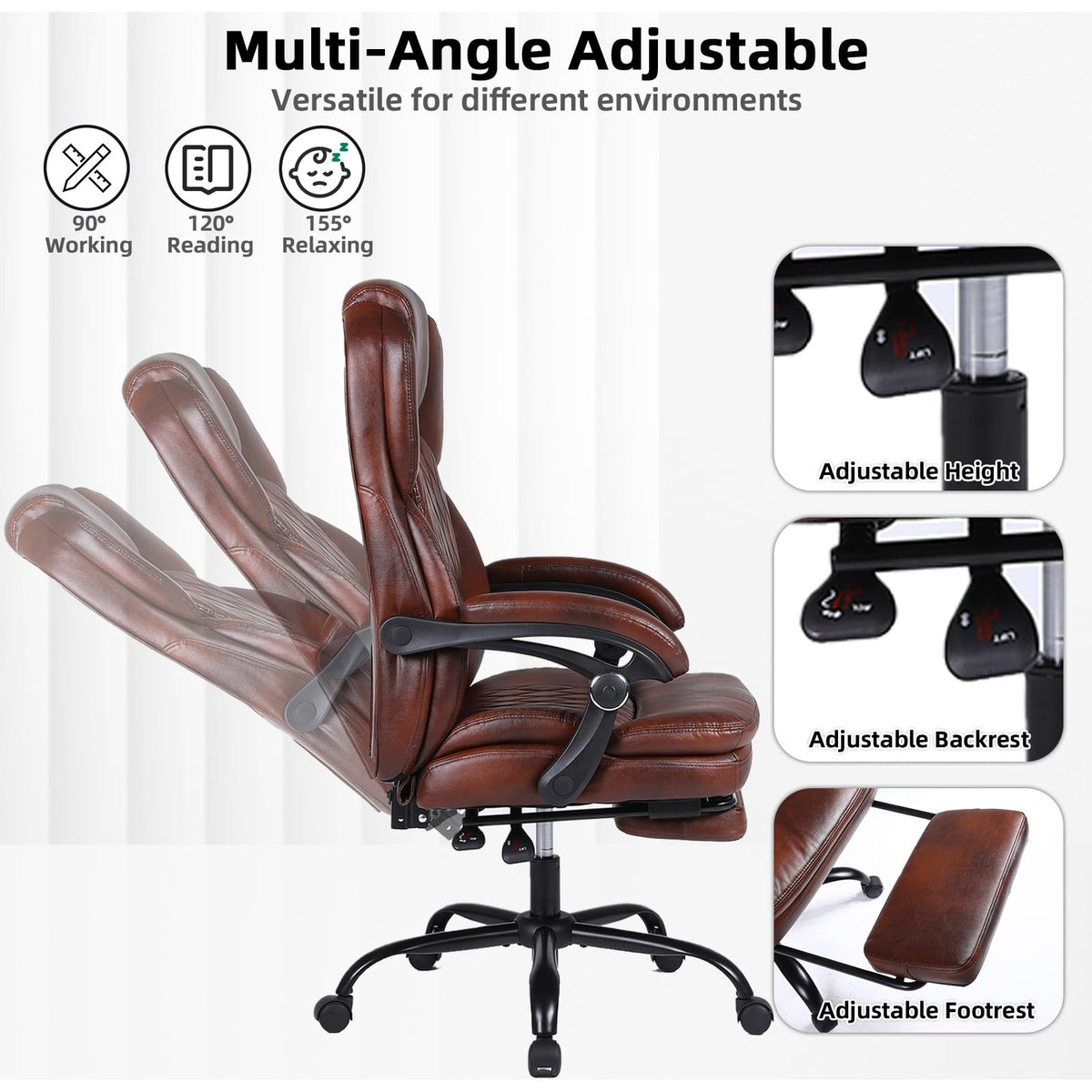 Big and Tall Ergonomic High Back PU Leather Reclining Office Chair with Footrest A48458