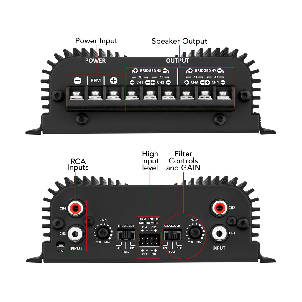 Black 2 Ohms 400W RMS 4-Channel Car Audio Amplifier P874