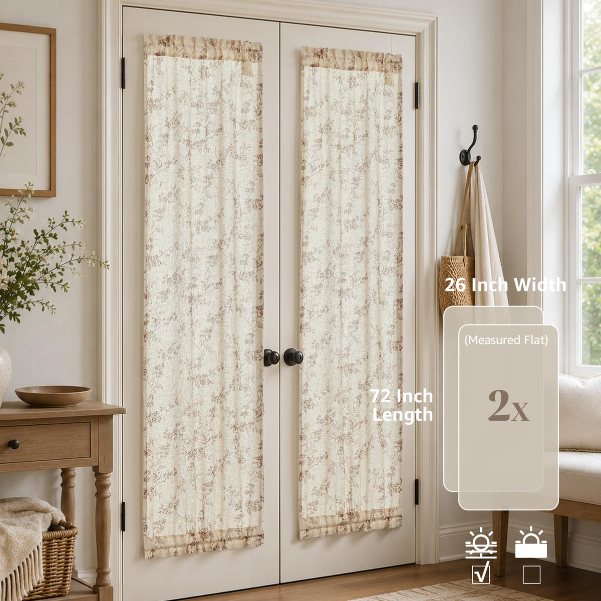 Taupe Linen Floral 72 Inch Rod Pocket Curtains 2 Panels W680