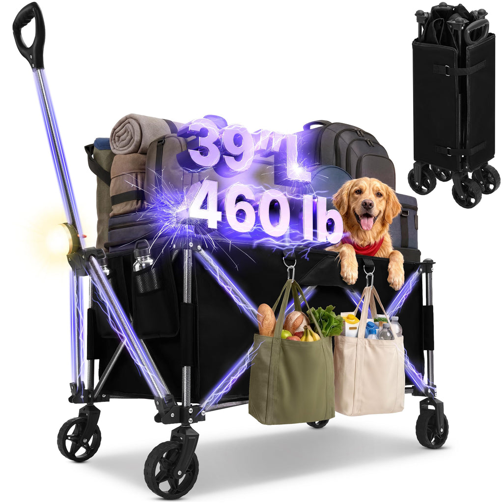 39" Collapsible Wagon with All-Terrain Wheels, 460 lbs Foldable Cart, Black Z124