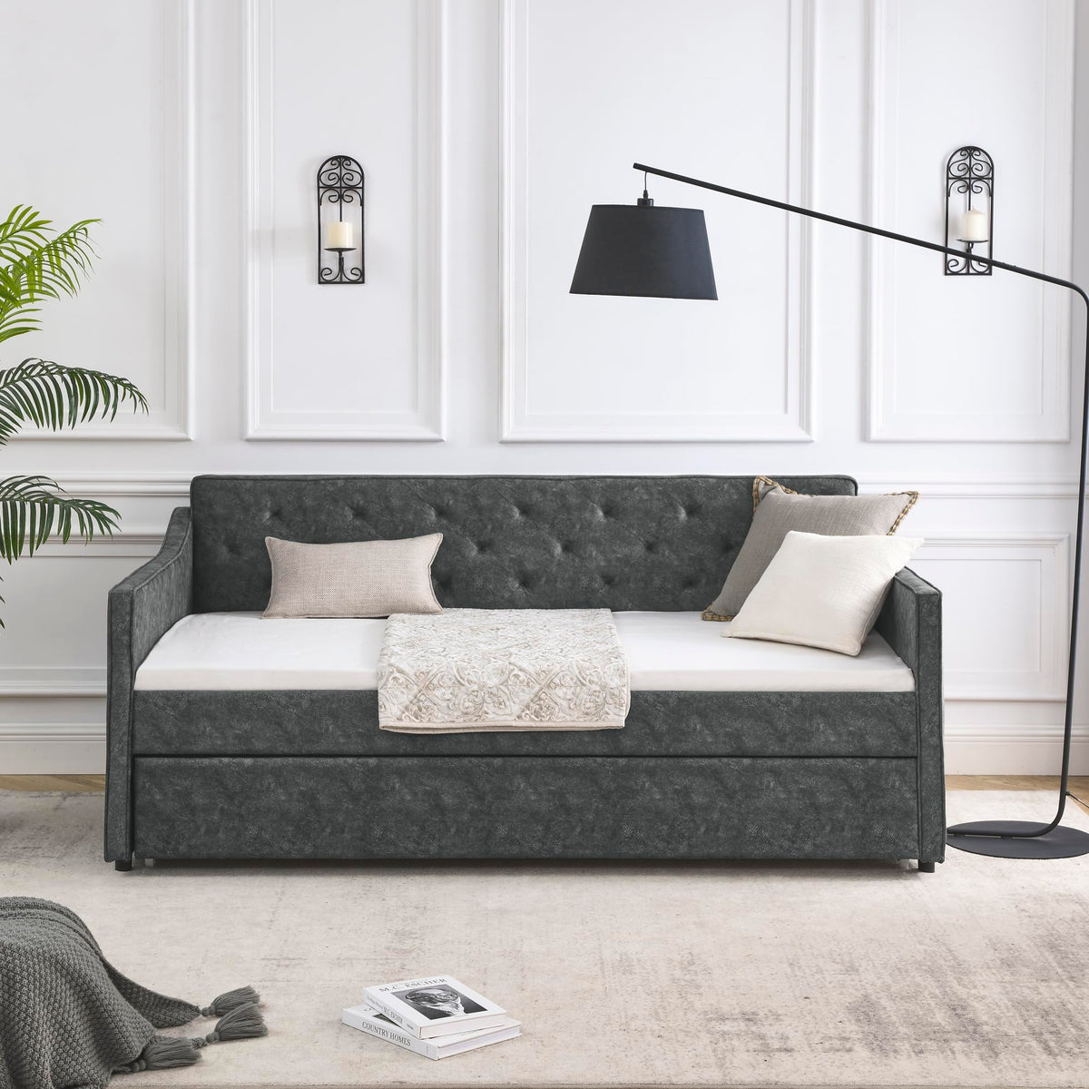 Grey Velvet Tufted Twin Size Daybed with Trundle D716470