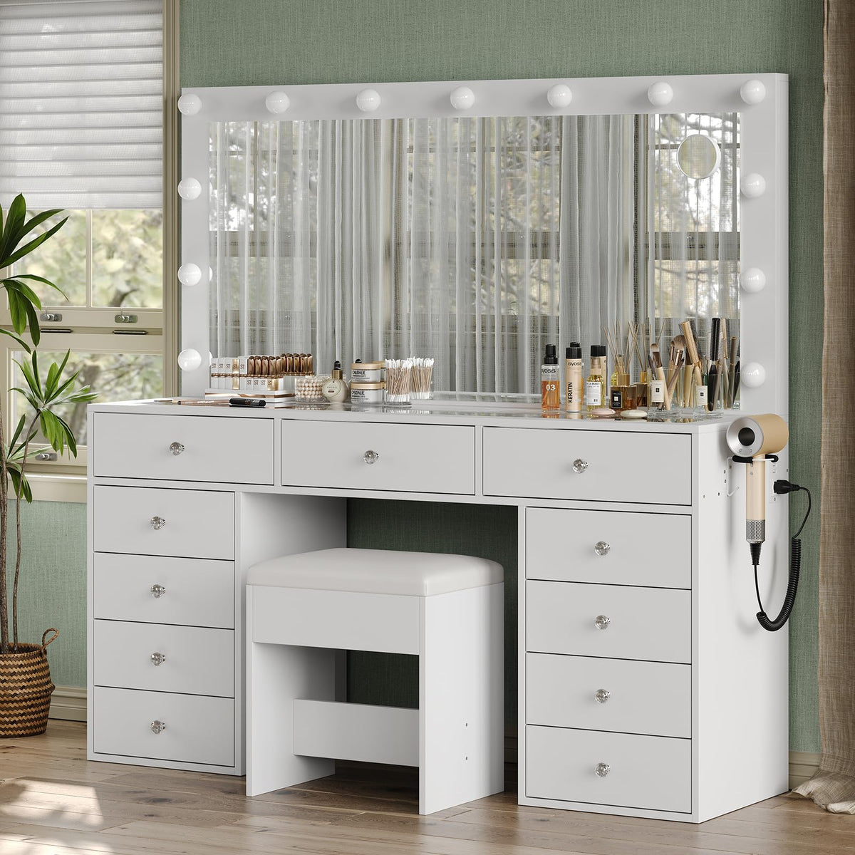 11 Drawer Vanity Desk with Mirror and LED Bulbs F1526