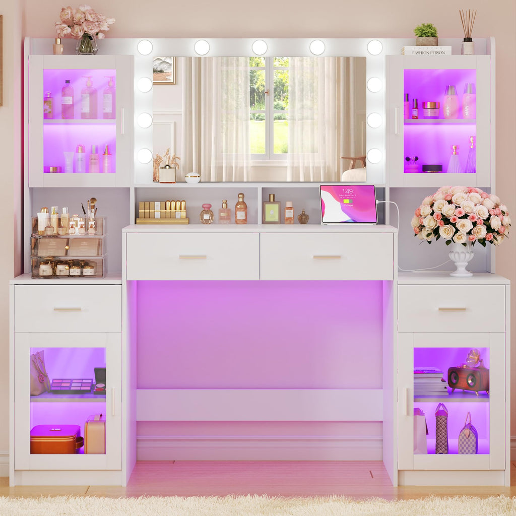 Large White Vanity Desk with Mirror and Lights U59009