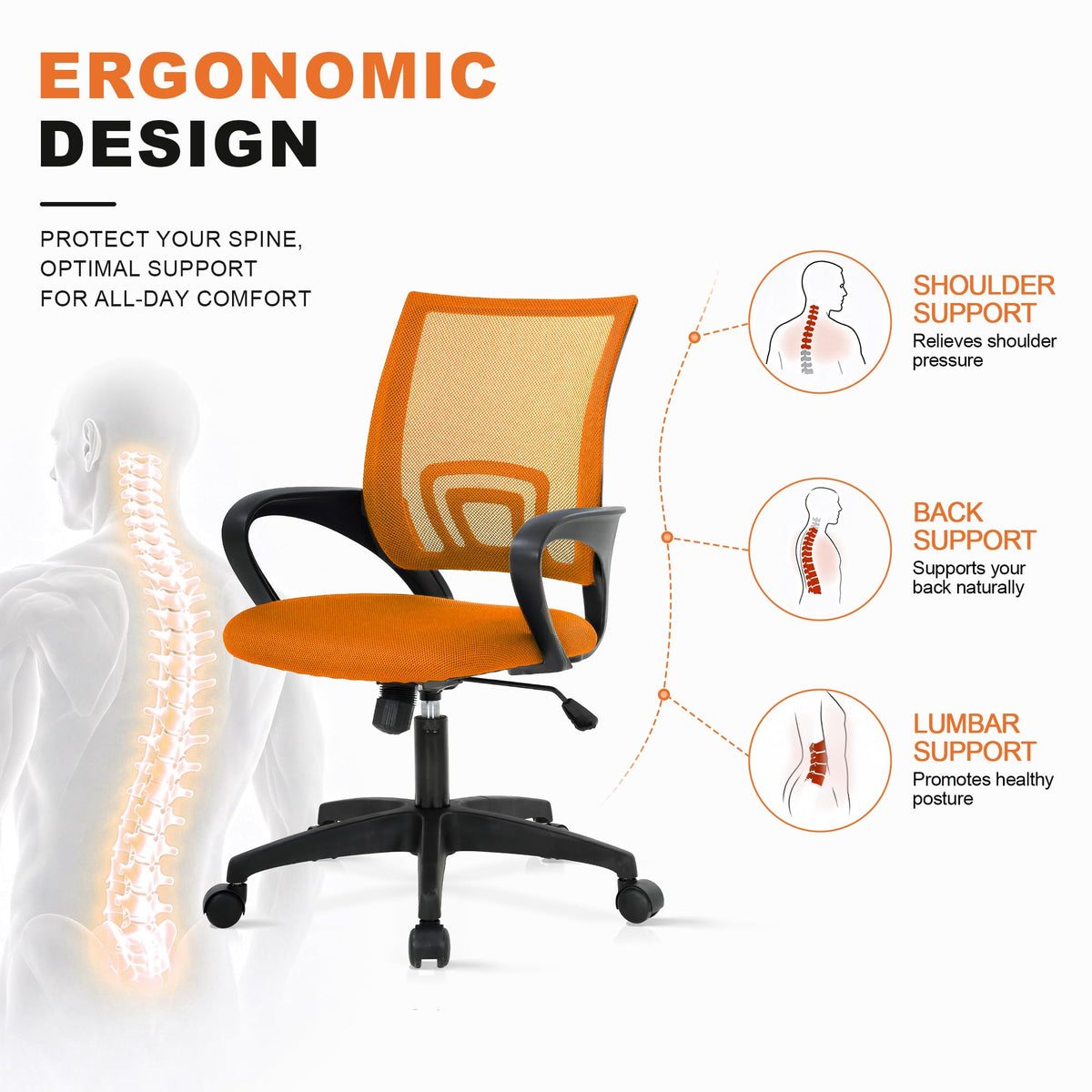 Orange Mesh Ergonomic Office Chair with Lumbar Support J224056