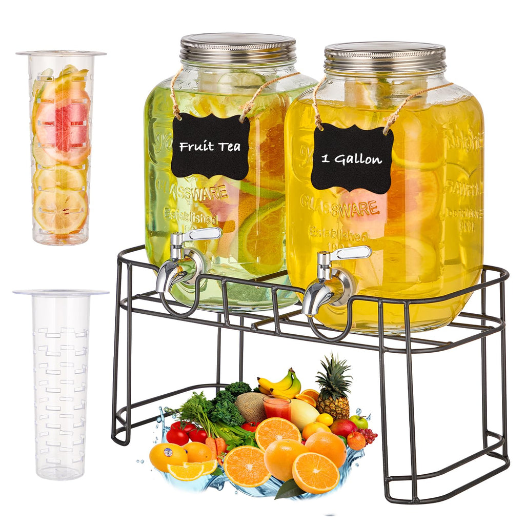 1 Gallon Glass Drink Dispenser with Stand, 2 Pack H386218