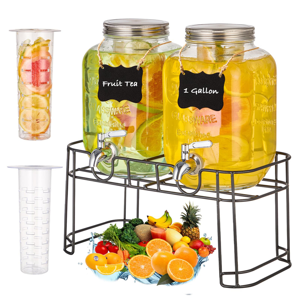 1 Gallon Glass Drink Dispenser with Stand, 2 Pack H386218