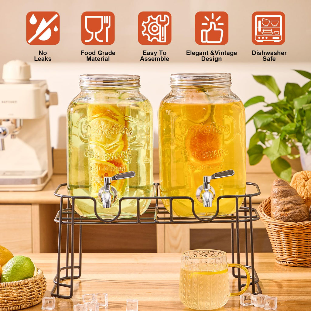 1 Gallon Glass Drink Dispenser with Stand, 2 Pack H386218