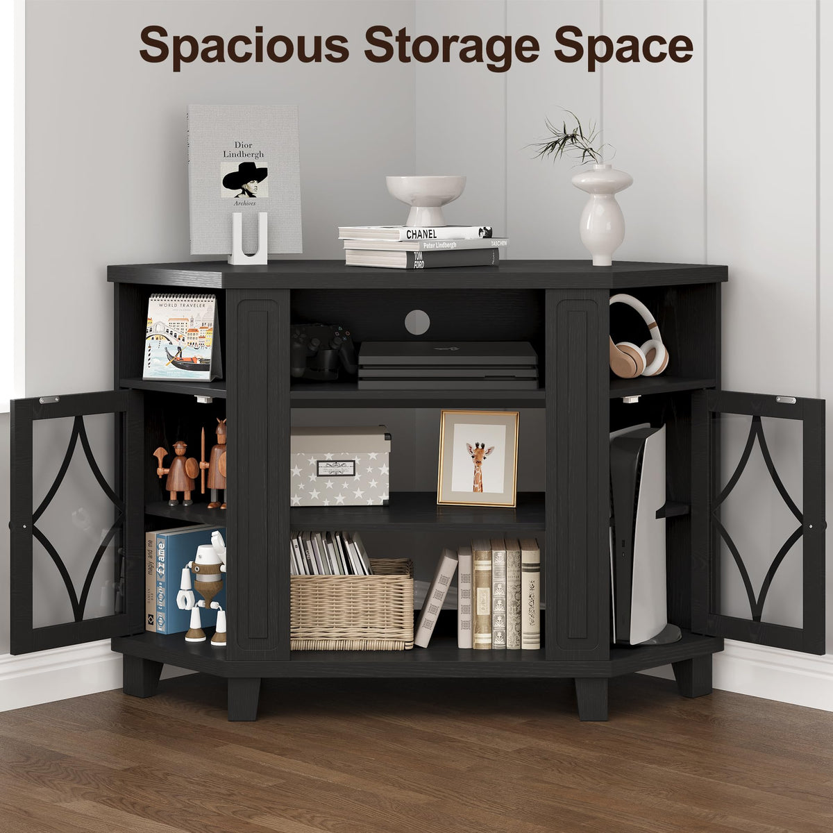 Corner TV Stand up to 55 Inch with Storage Wood Media Console Cabinet Satin Black M45598