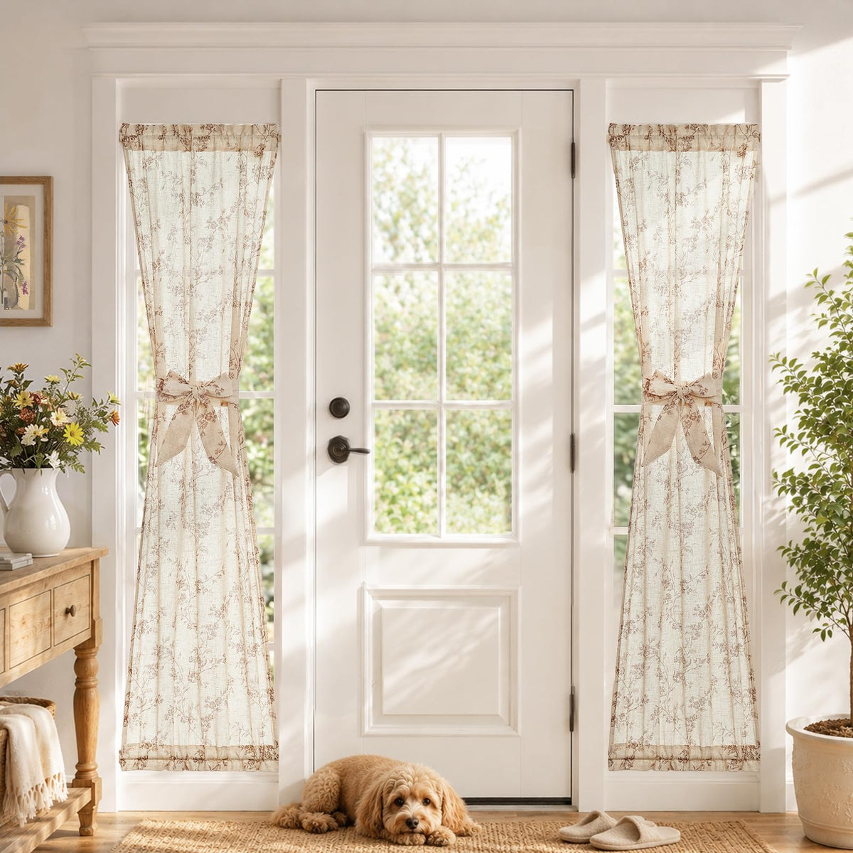Taupe Linen Floral 72 Inch Rod Pocket Curtains 2 Panels W680