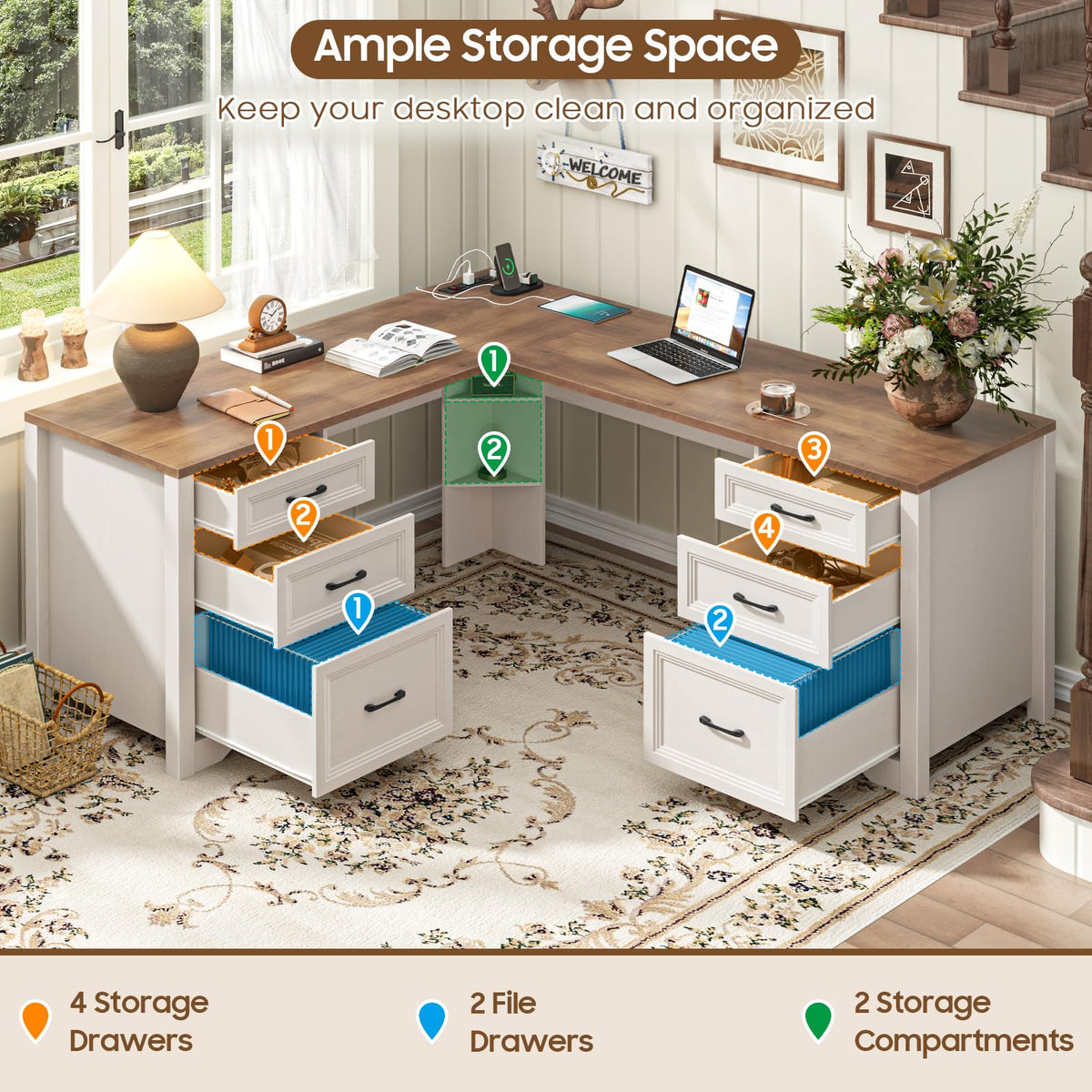 Brown L Shaped Executive Desk with 6 Drawers T226
