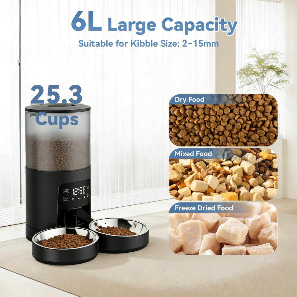 6L Automatic Cat Feeder with 2 Stainless Bowls Black U9930