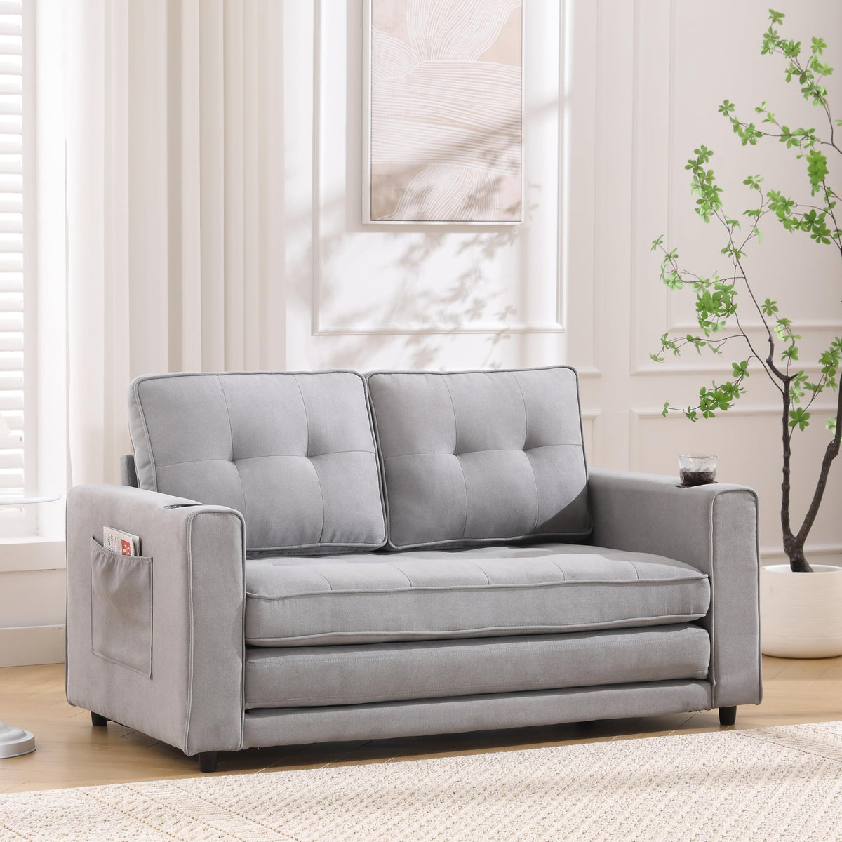 Light Gray Convertible Futon Sofa Bed with Cup Holder L6688