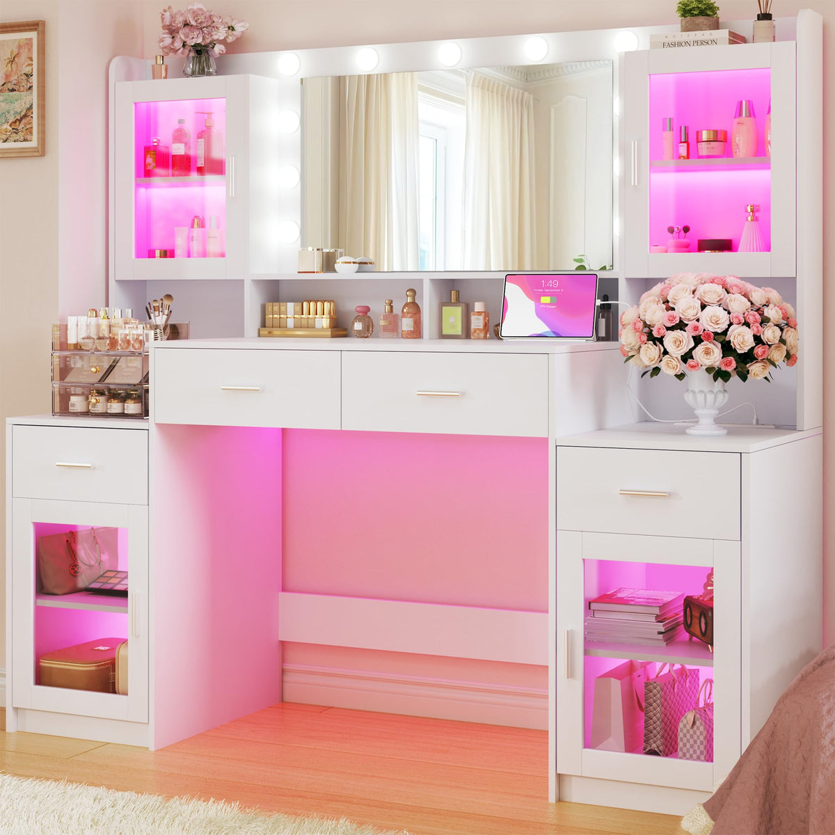 Large White Vanity Desk with Mirror and Lights U59009