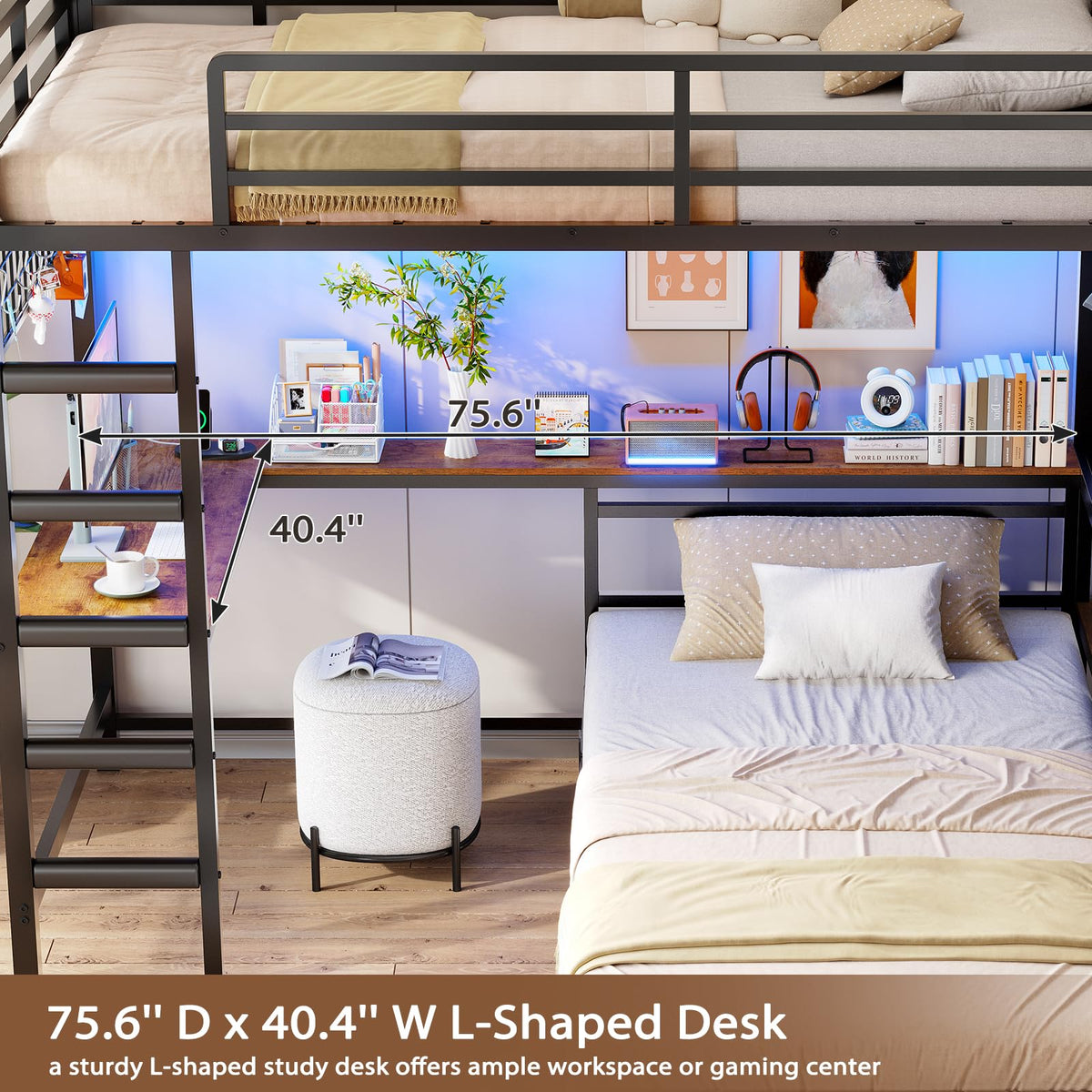 Black L-Shaped Bunk Bed with Desk and Stairs W662