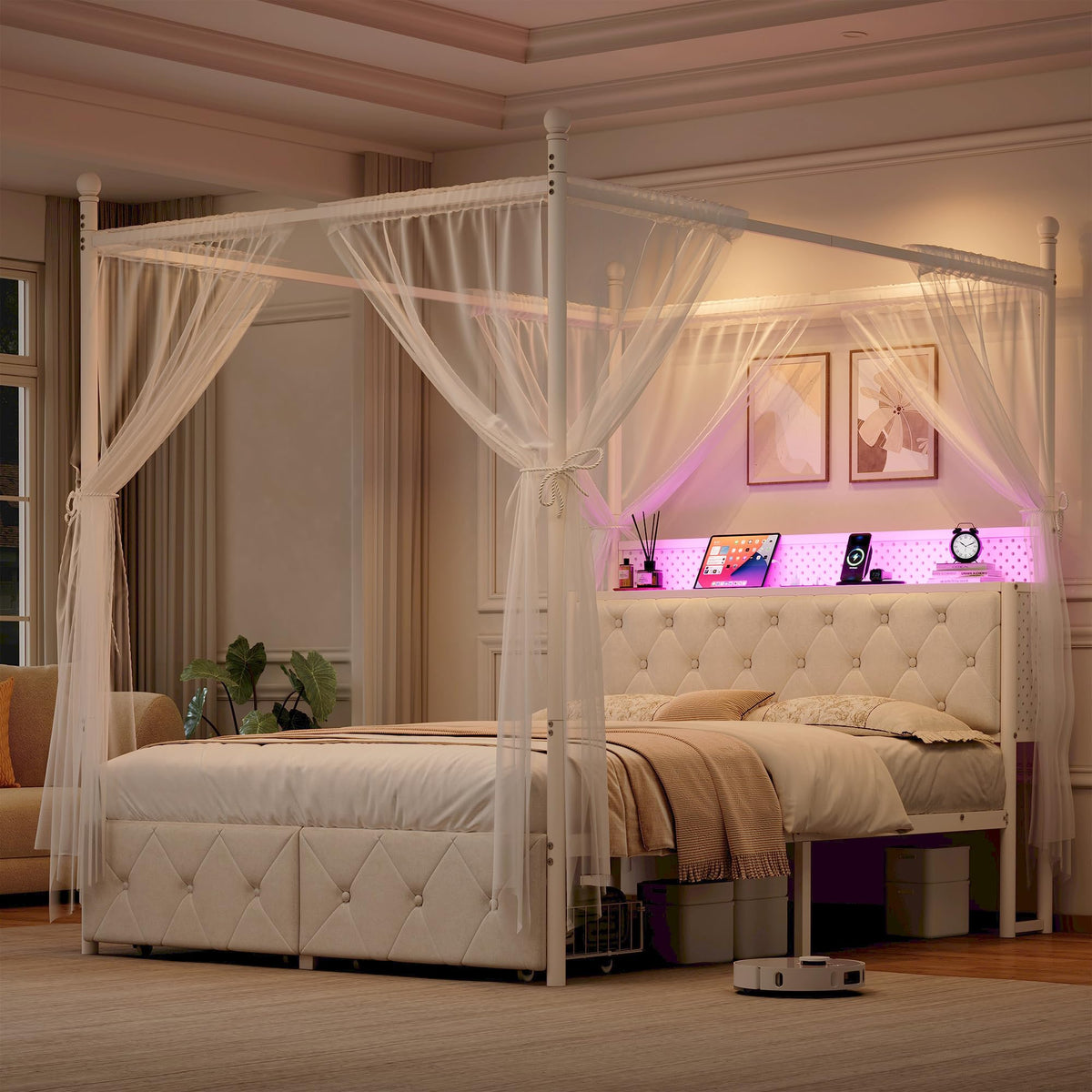 Full Size Canopy Bed Frame with Charging Station and LED Lights Z998103