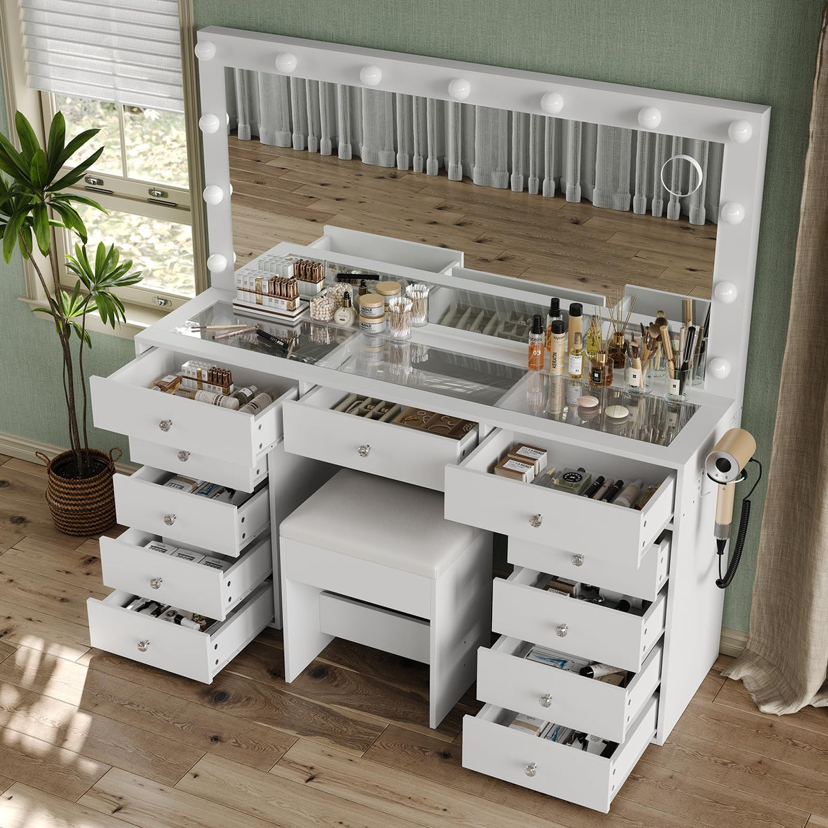 11 Drawer Vanity Desk with Mirror and LED Bulbs F1526