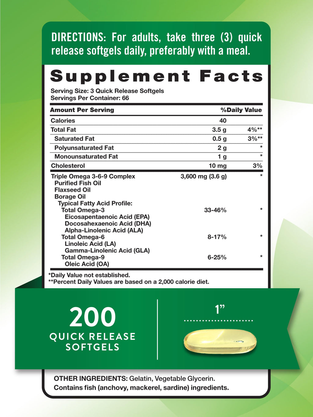 Omega 3 6 9 3600mg 200 Softgels E3163