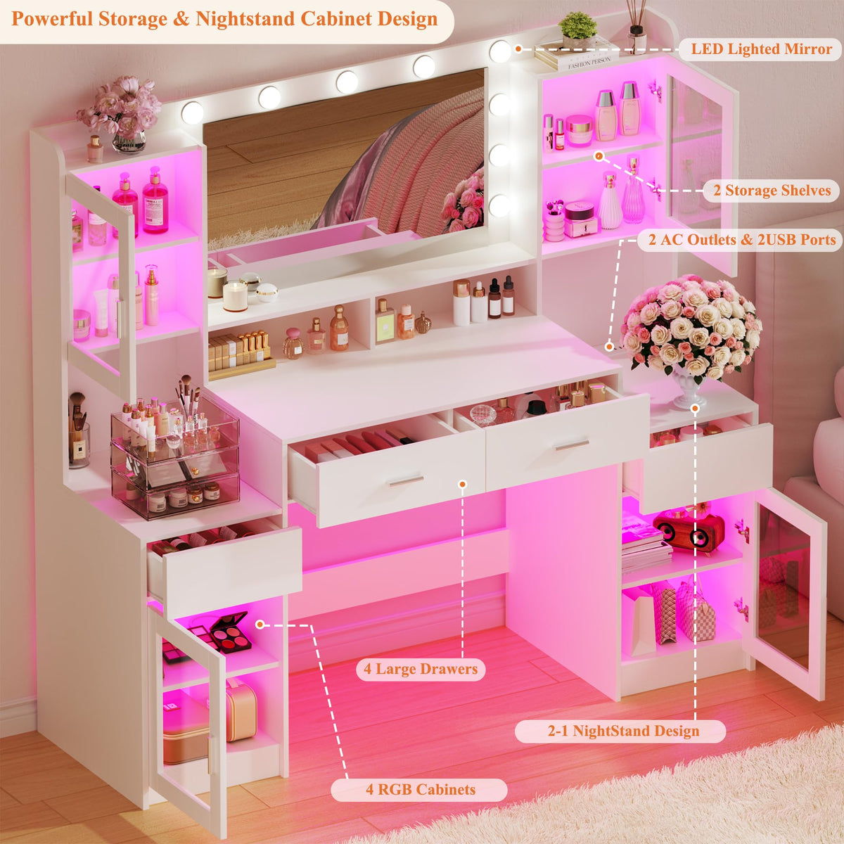 Large White Vanity Desk with Mirror and Lights U59009