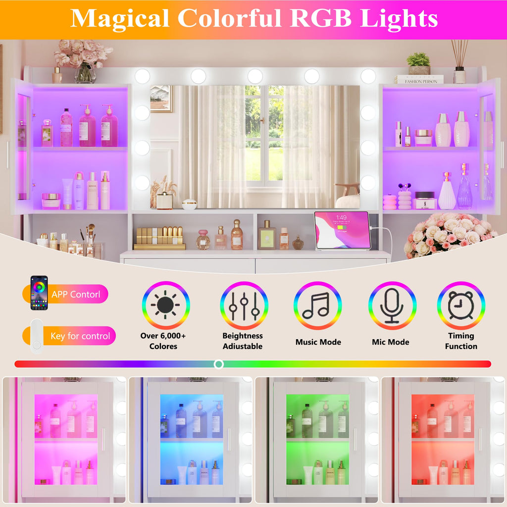 Large White Vanity Desk with Mirror and Lights U59009