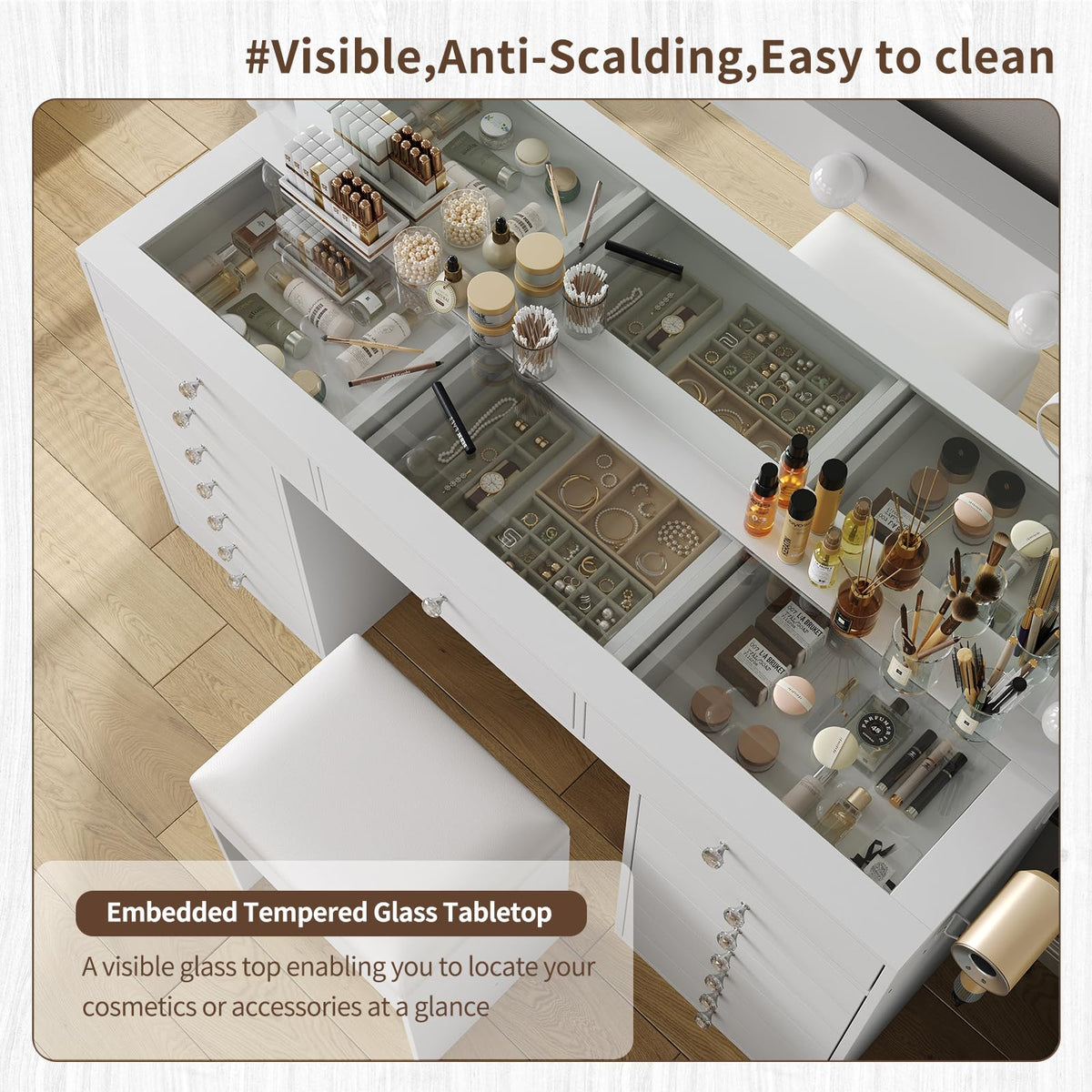 11 Drawer Vanity Desk with Mirror and LED Bulbs F1526