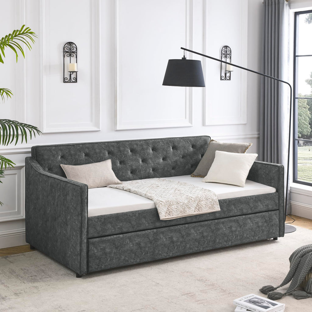 Grey Velvet Tufted Twin Size Daybed with Trundle D716470