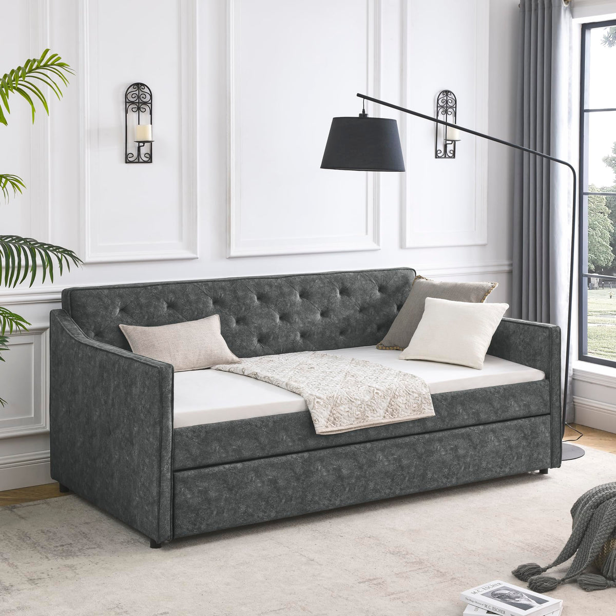 Grey Velvet Tufted Twin Size Daybed with Trundle D716470