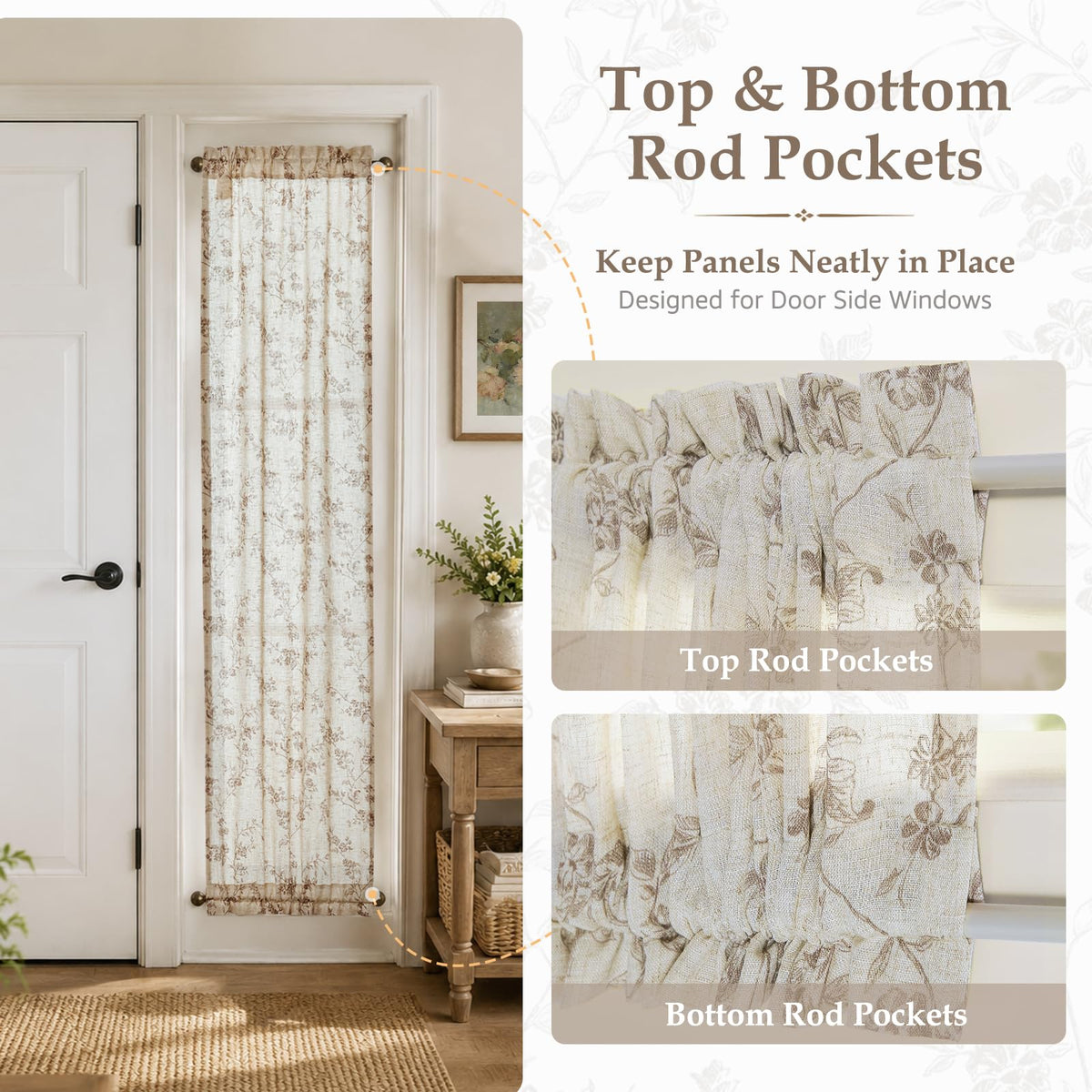 Taupe Linen Floral 72 Inch Rod Pocket Curtains 2 Panels W680