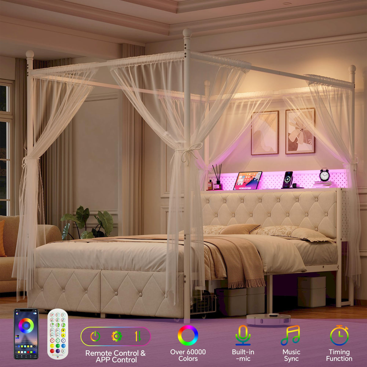 Full Size Canopy Bed Frame with Charging Station and LED Lights Z998103