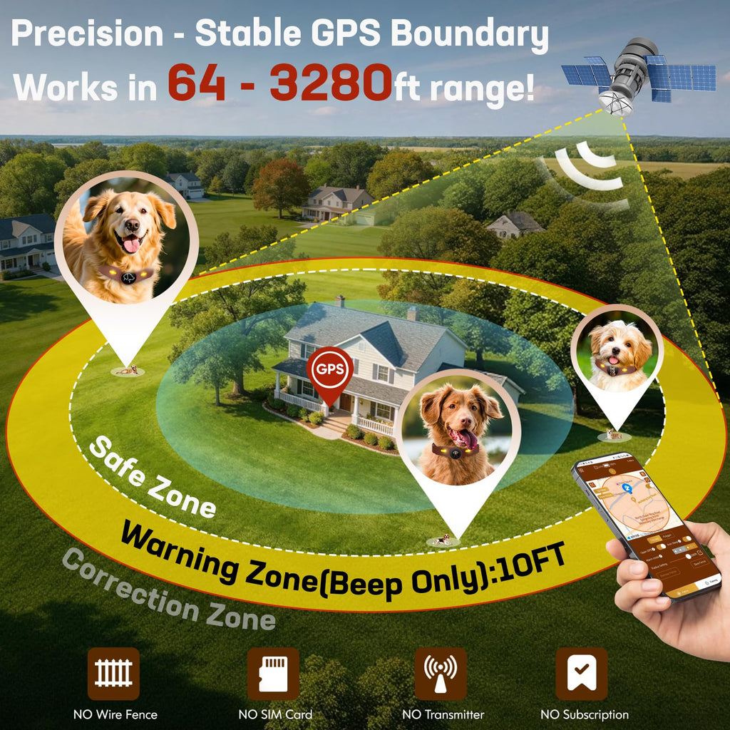 Wireless Dog Fence Collar, 64-3280ft Adjustable, Rechargeable IP7 Waterproof, Brown X158