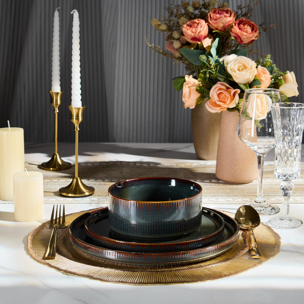12-Piece Plates and Bowls Set and 35oz Pasta Bowls Set of 4, Stoneware Dinnerware Set for 4, Blackish Green L135533
