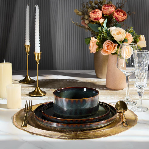 12-Piece Plates and Bowls Set and 35oz Pasta Bowls Set of 4, Stoneware Dinnerware Set for 4, Blackish Green L135533