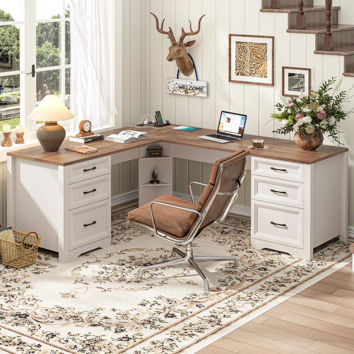 Brown L Shaped Executive Desk with 6 Drawers T226