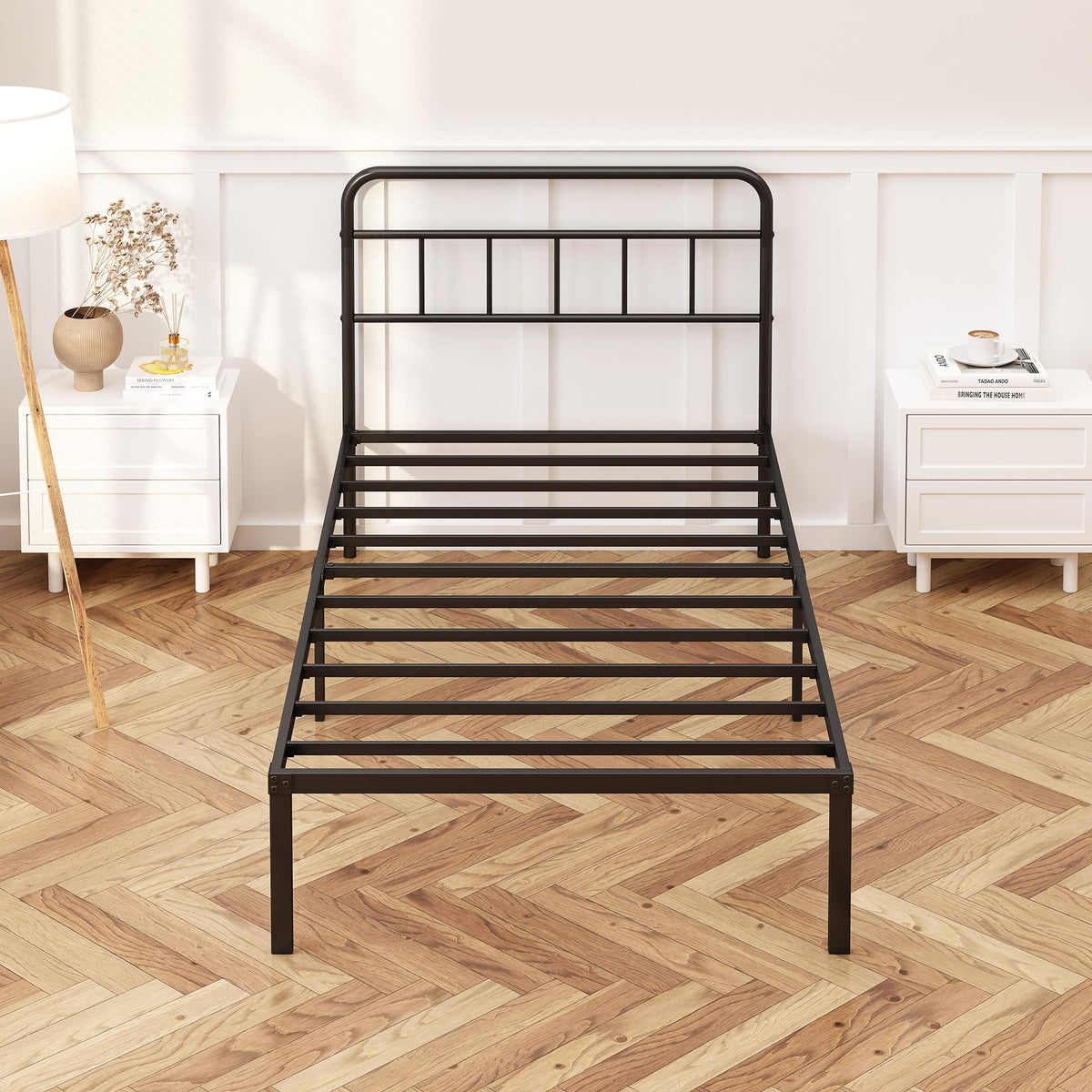 12 inches Twin Bed Frame with Minimalist Headboard, Black H953