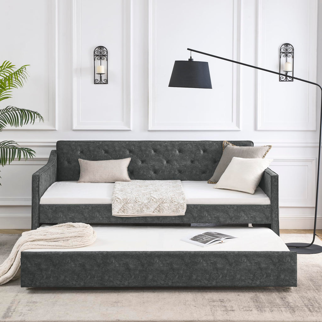Grey Velvet Tufted Twin Size Daybed with Trundle D716470