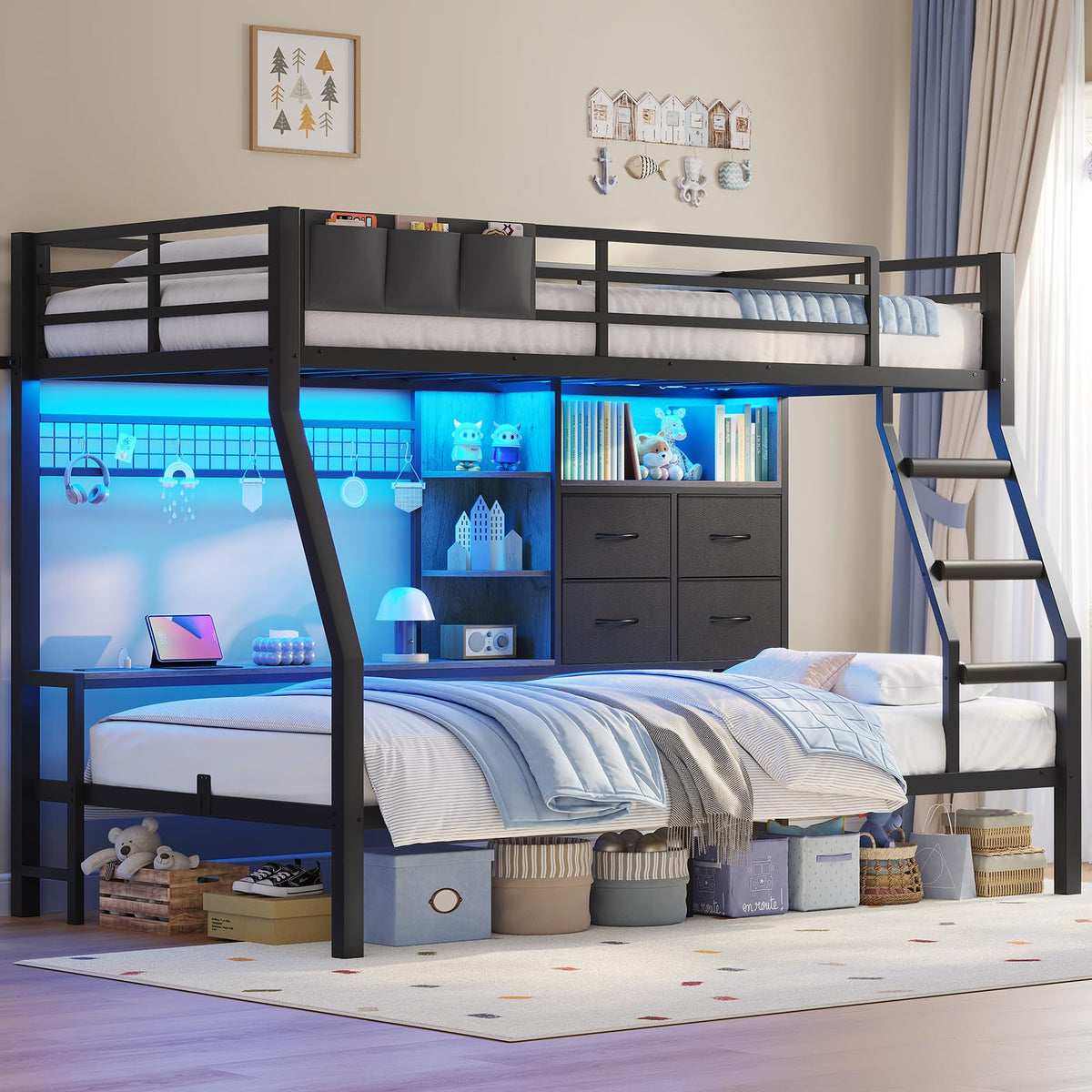 Black Twin Over Twin Bunk Bed with Charging Station & LED Lights L686005