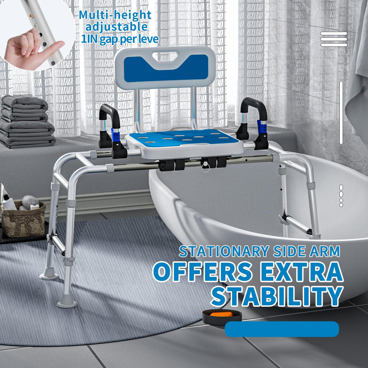 Sliding Shower Chair with Arms and Back, 500lbs Non Slip Aluminum Adjustable Height I499