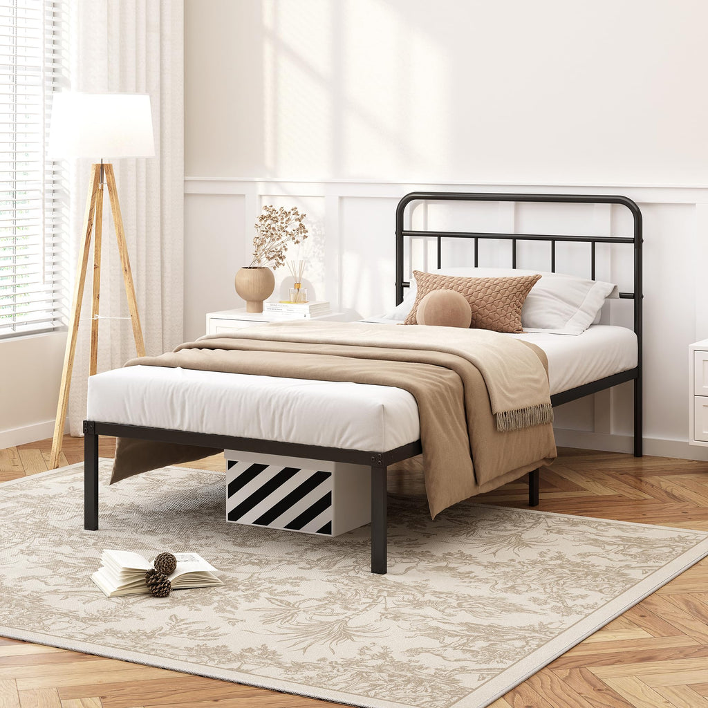 12 inches Twin Bed Frame with Minimalist Headboard, Black H953