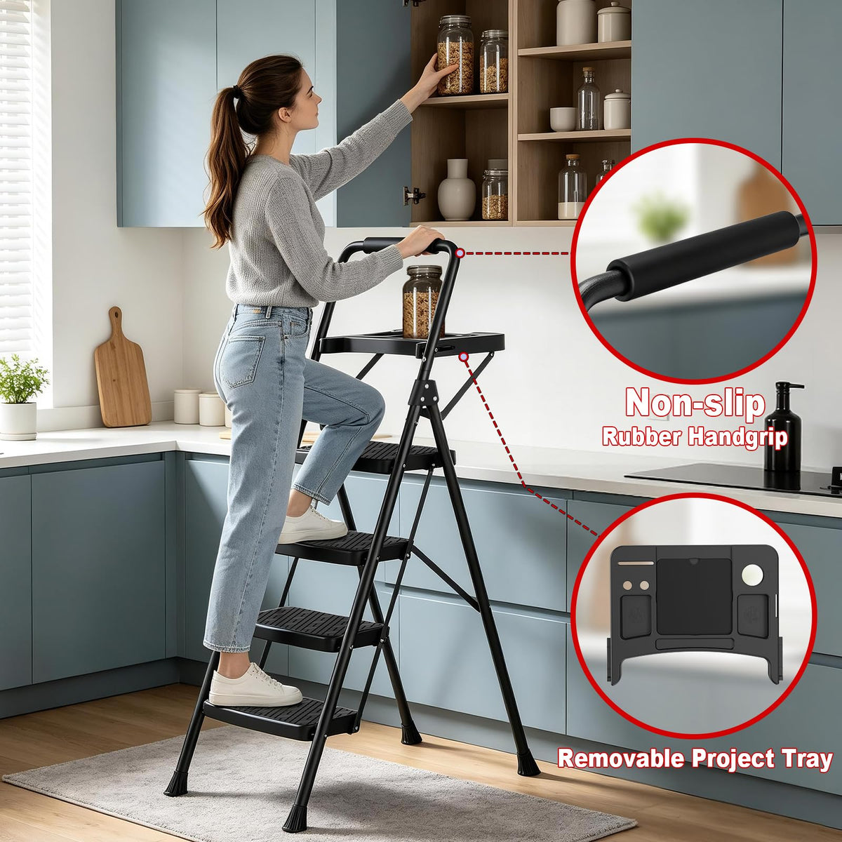 4 Step Steel Ladder with Tool Tray and Handrails U640913