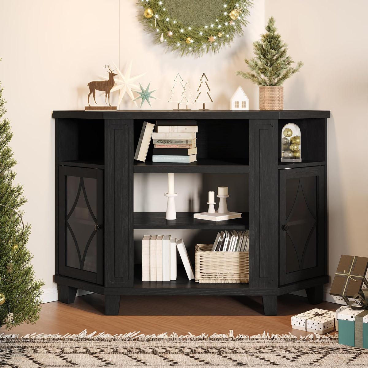 Corner TV Stand up to 55 Inch with Storage Wood Media Console Cabinet Satin Black M45598