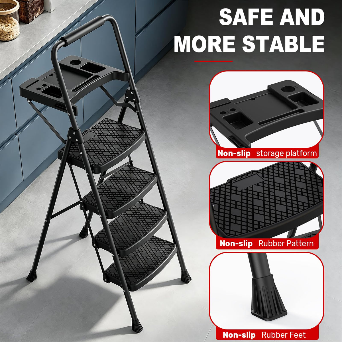 4 Step Steel Ladder with Tool Tray and Handrails U640913