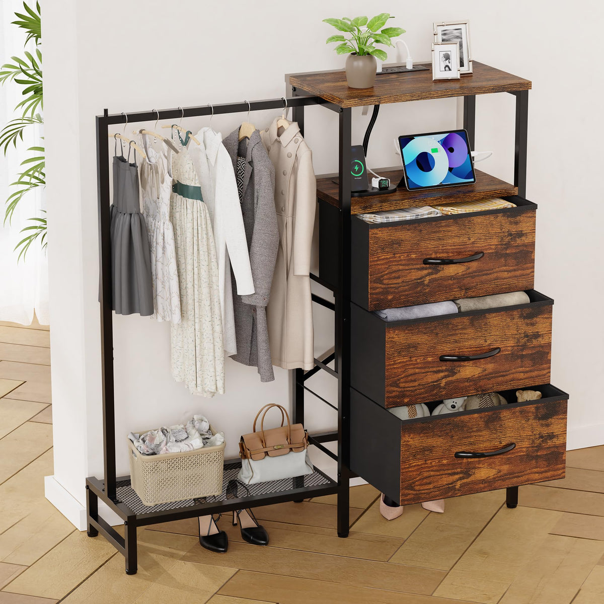 Brown 3 Drawer Fabric Dresser with Hanging Rack G6384