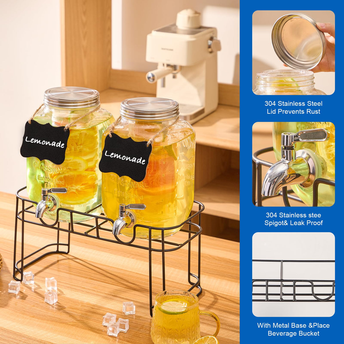 1 Gallon Glass Drink Dispenser with Stand, 2 Pack H386218